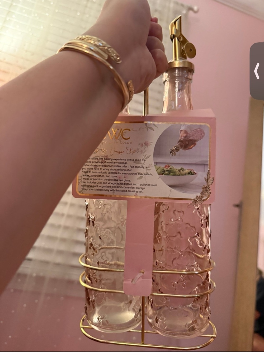 CWC Pink Glass Oil & Vinegar Set with Gold Rack - Picture 2 of 2